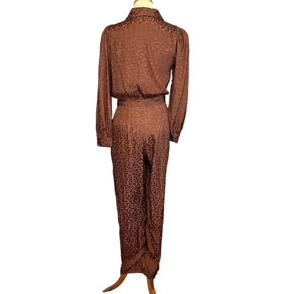 Lovers + Friends Cheyann Satin Jumpsuit Brown SMALL Wrap Split Hem Leopard NEW - Picture 4 of 9